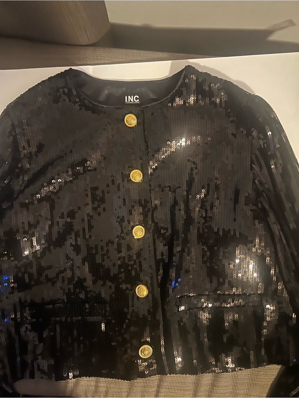 INC International Concepts Black Sequin Jacket with Gold Buttons